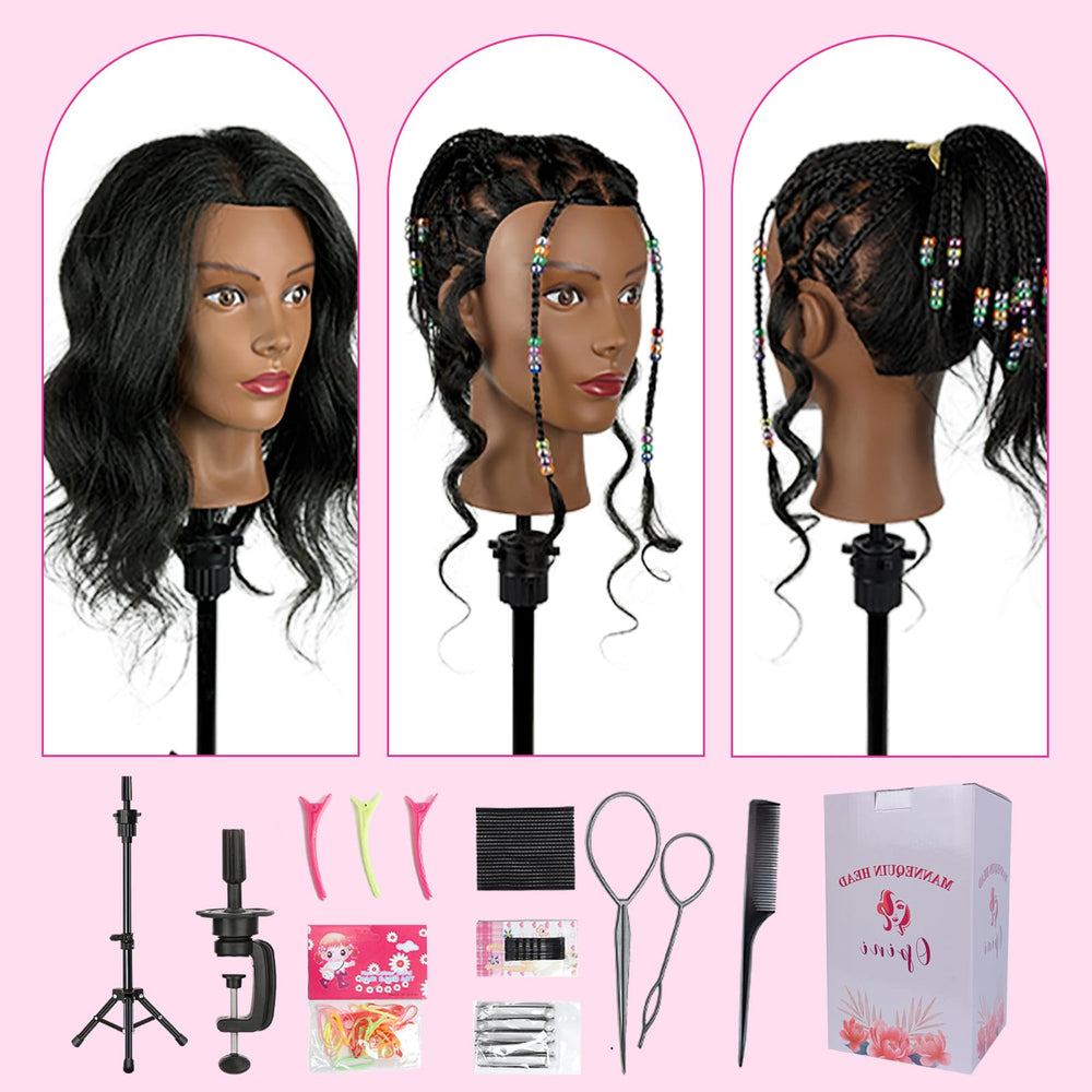 Opini 18-inch head being trimmed for cutting practice with real hair.