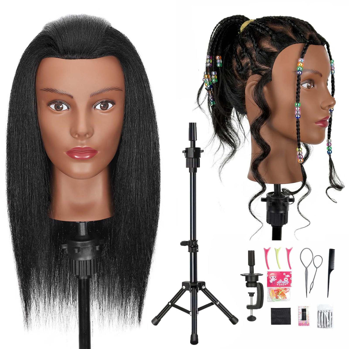 Opini 18-inch mannequin head hair closeup showing real hair for authentic braiding practice.