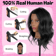 Opini 18-Inch Real-Hair Head used for cutting and trimming practice.