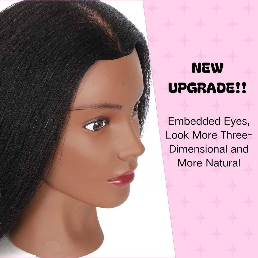 Opini mannequin head in use for braiding practice with versatile styling options.