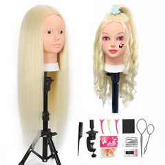 Opini mannequin head with dense blond hair for realistic hairstyling practice