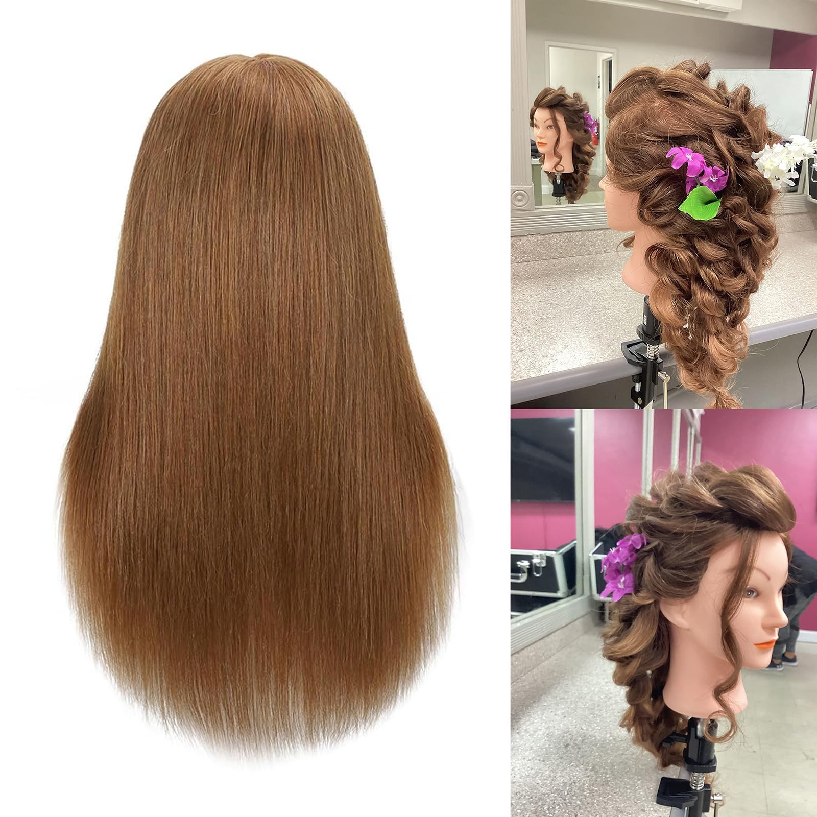 Opini mannequin head during a hair-styling session highlighting natural texture.