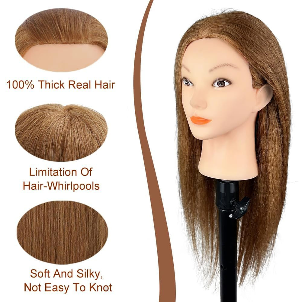 Opini mannequin head, full-length hair in light brown for styling practice and conditioning.