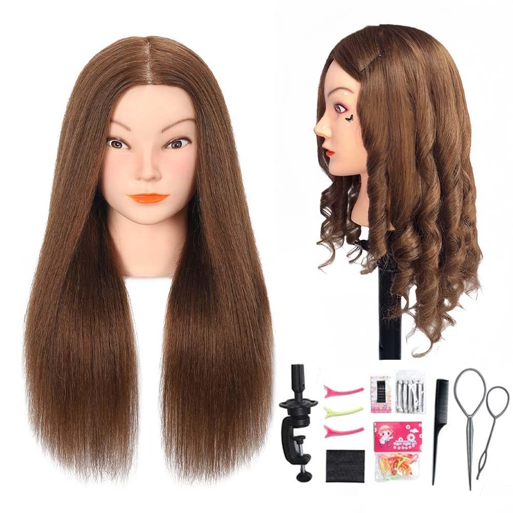 Opini mannequin head with real hair shows dense fullness for realistic styling practice.