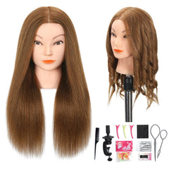 Opini mannequin head with real hair in light brown, realistic face for braiding practice.