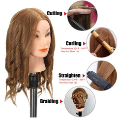 Opini mannequin head on table clamp stand for stable hair-styling practice.