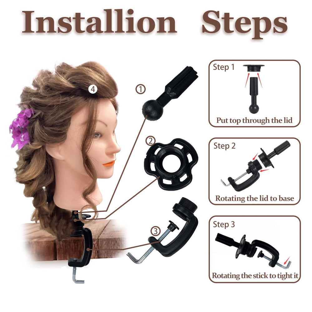 Opini mannequin head mounted on table clamp stand for stable training sessions.
