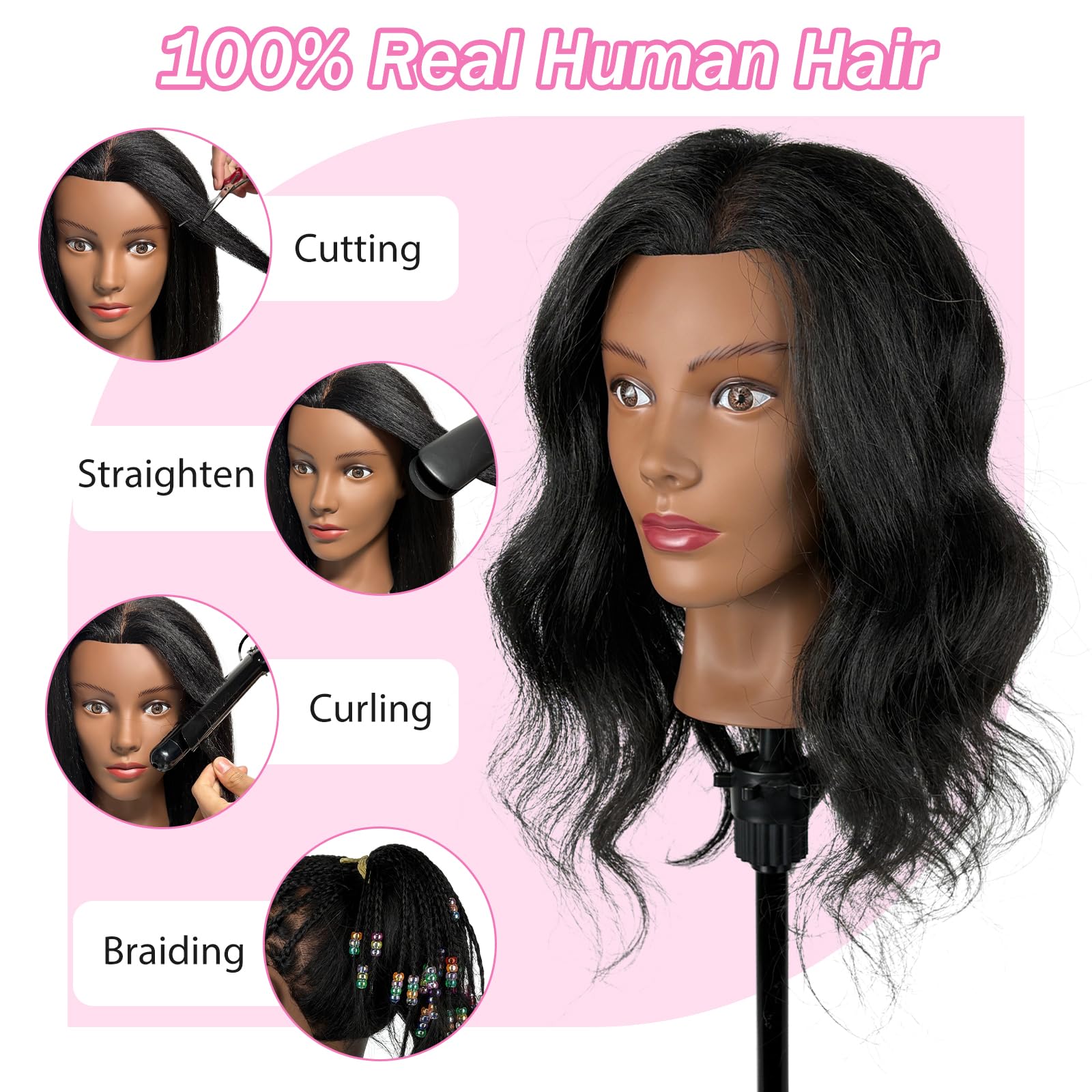 Opini mannequin head on tripod stand demonstrates stable setup for styling practice.