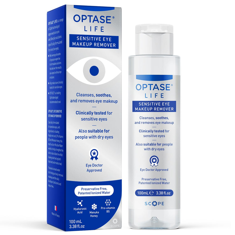 Optase Life ionized-water makeup remover pours, offering a gentle makeup lift
