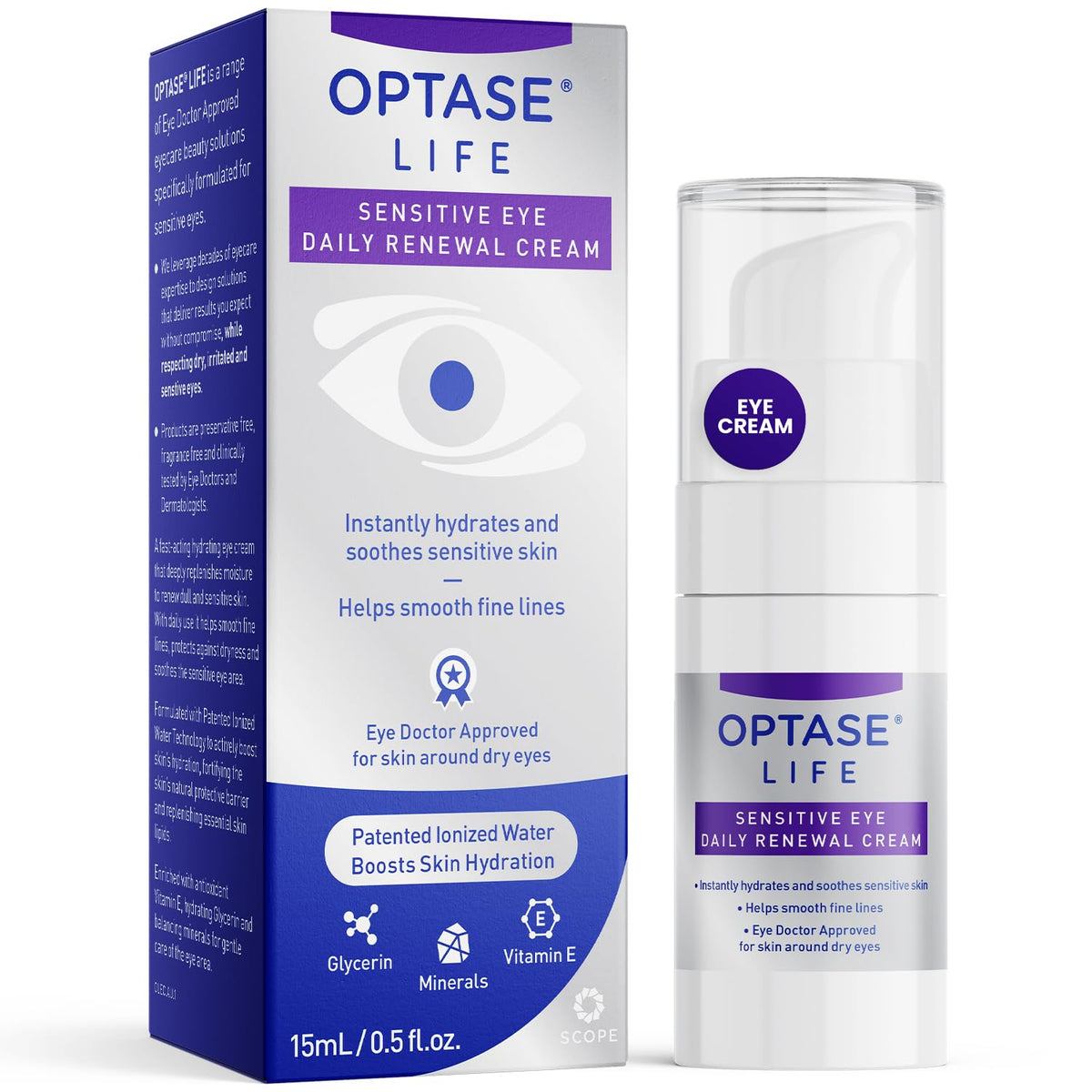 Optase LIFE Sensitive Eye cream tube packaging showing premium hydrating care for delicate eye skin