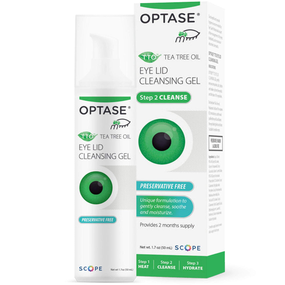Optase Tea Tree Eyelid Gel packaging highlighting preservative-free daily cleansing
