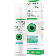 Optase Tea Tree Eyelid Gel packaging highlighting preservative-free daily cleansing