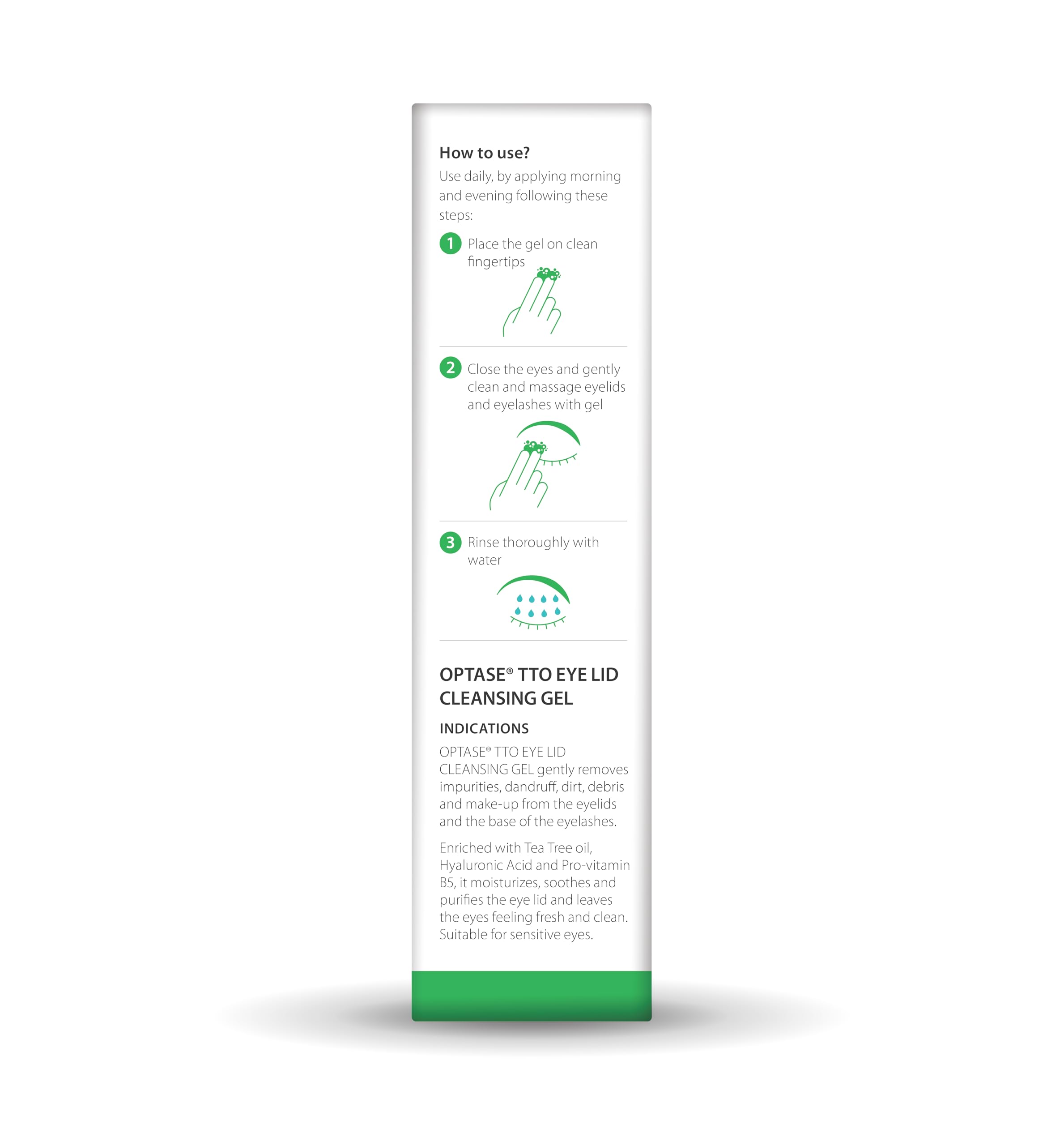 Optase eyelid gel texture shown for sensitive-skin-safe cleansing