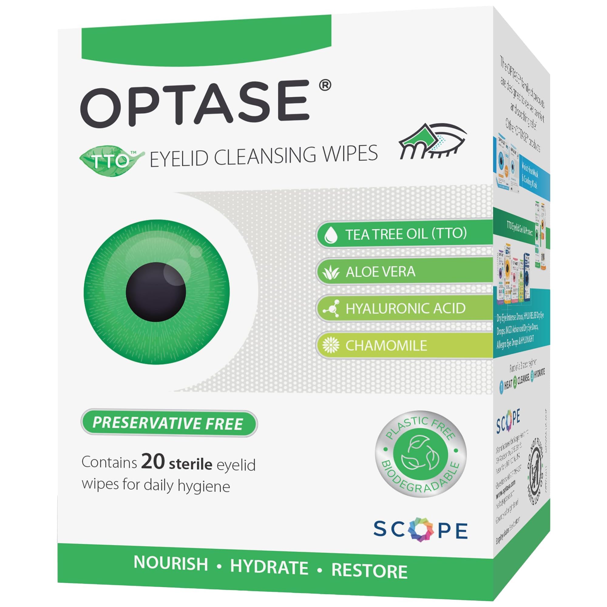 Optase TTO wipes pack 20 for convenient daily eyelid cleansing.