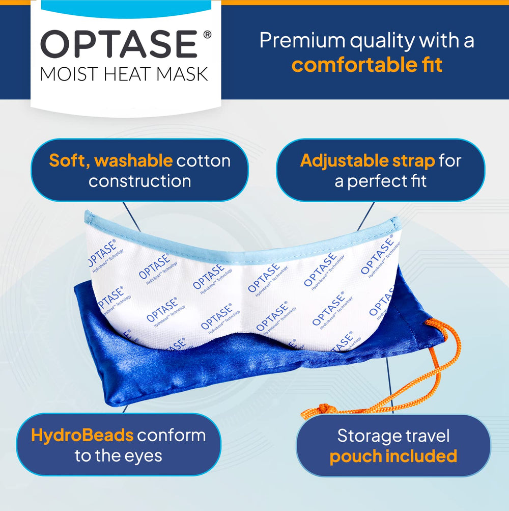 Optase washable eye mask shown with reuse-friendly design and simple storage.