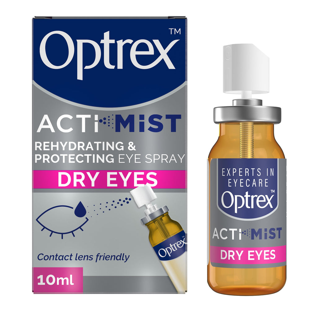 Optrex ActiMist bottle front showing compact design for on-the-go eye moisture support