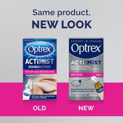 Optrex ActiMist bottle side label highlights dual-action rehydration and protection