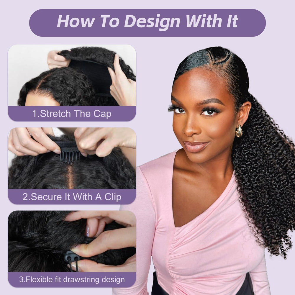 OQ Hair Afro Curly Half Wig drawstring cap close-up shows secure fit