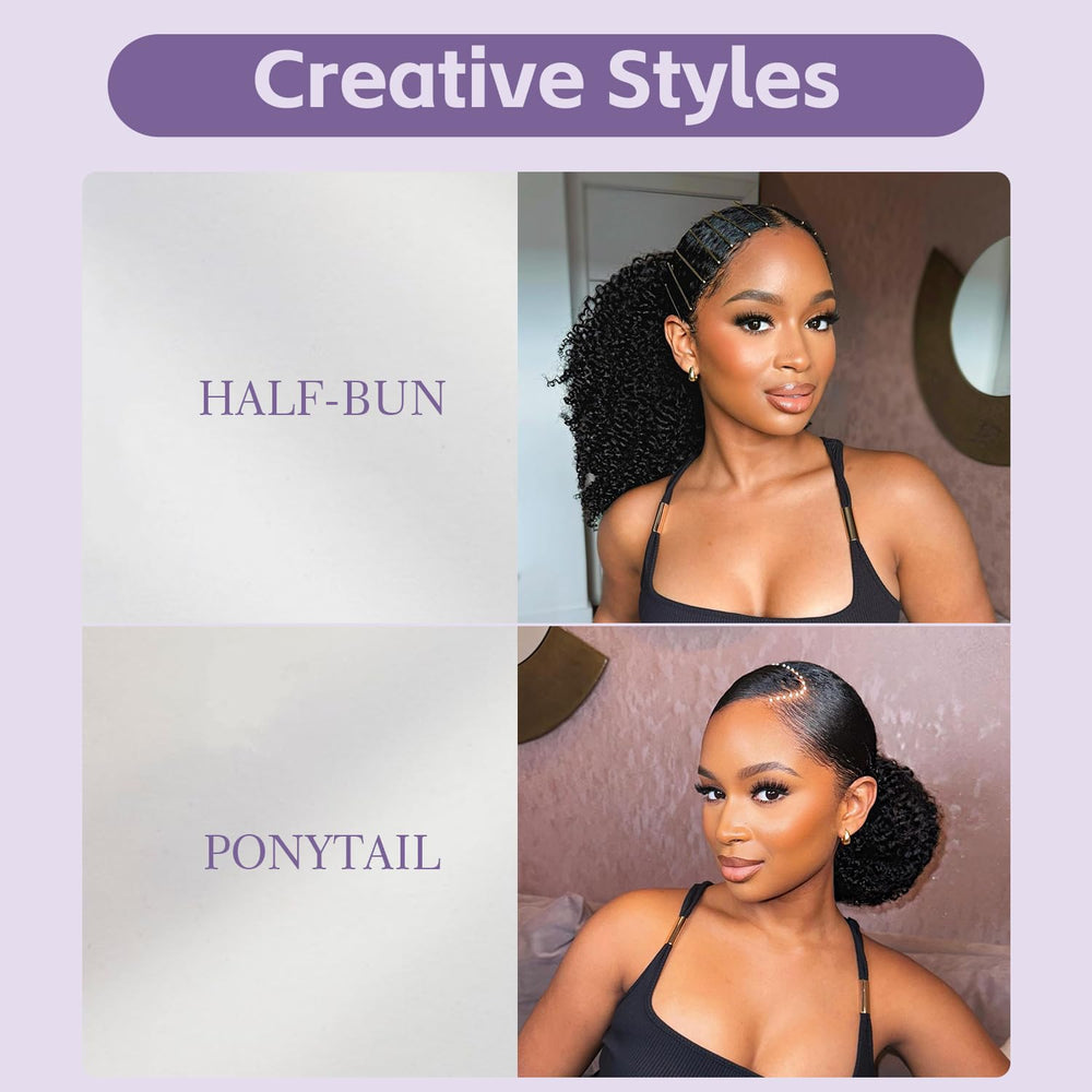 OQ Hair Afro Curly Half Wig wear-and-go styling options displayed