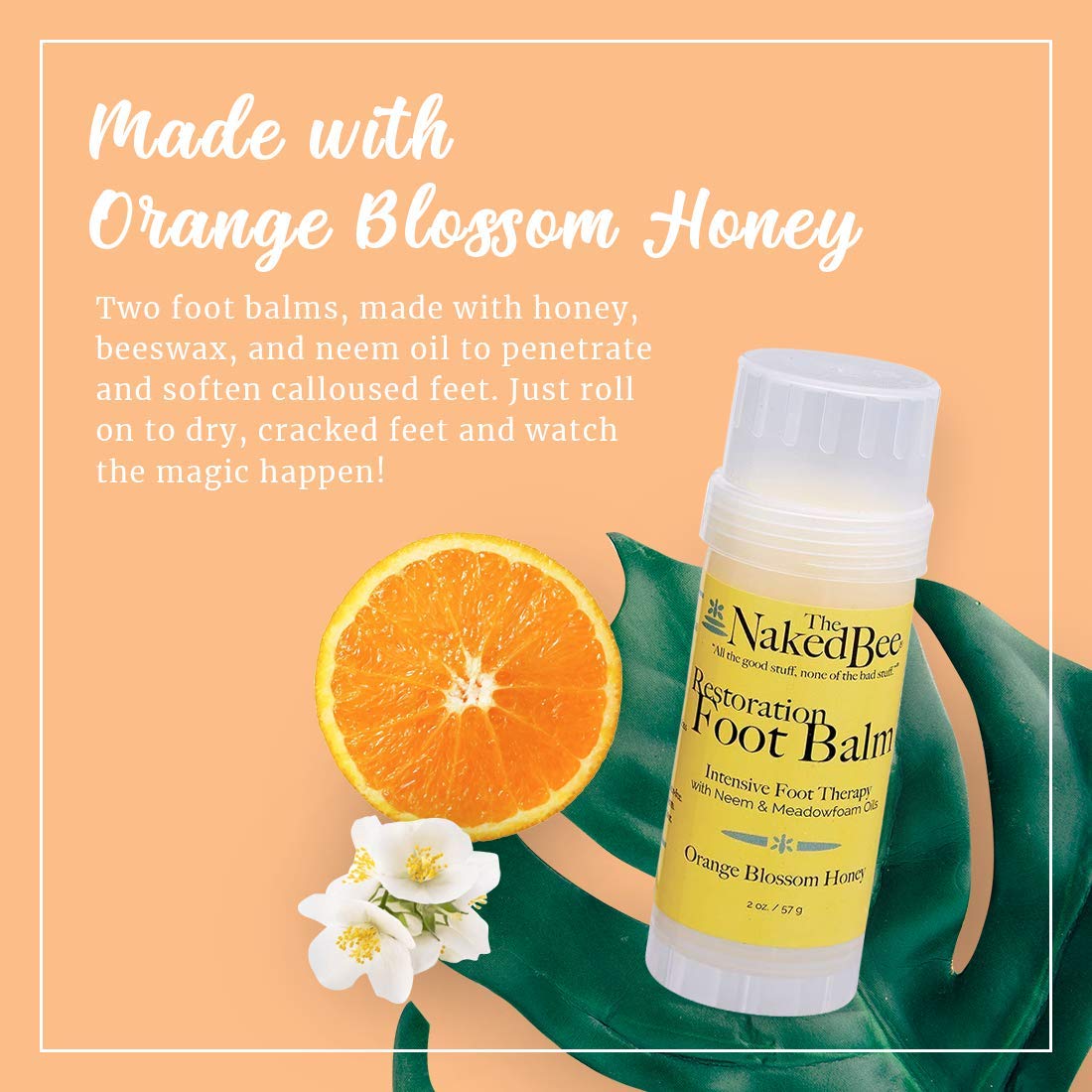 Orange blossom honey scent in The Naked Bee foot balm for pampering feet.