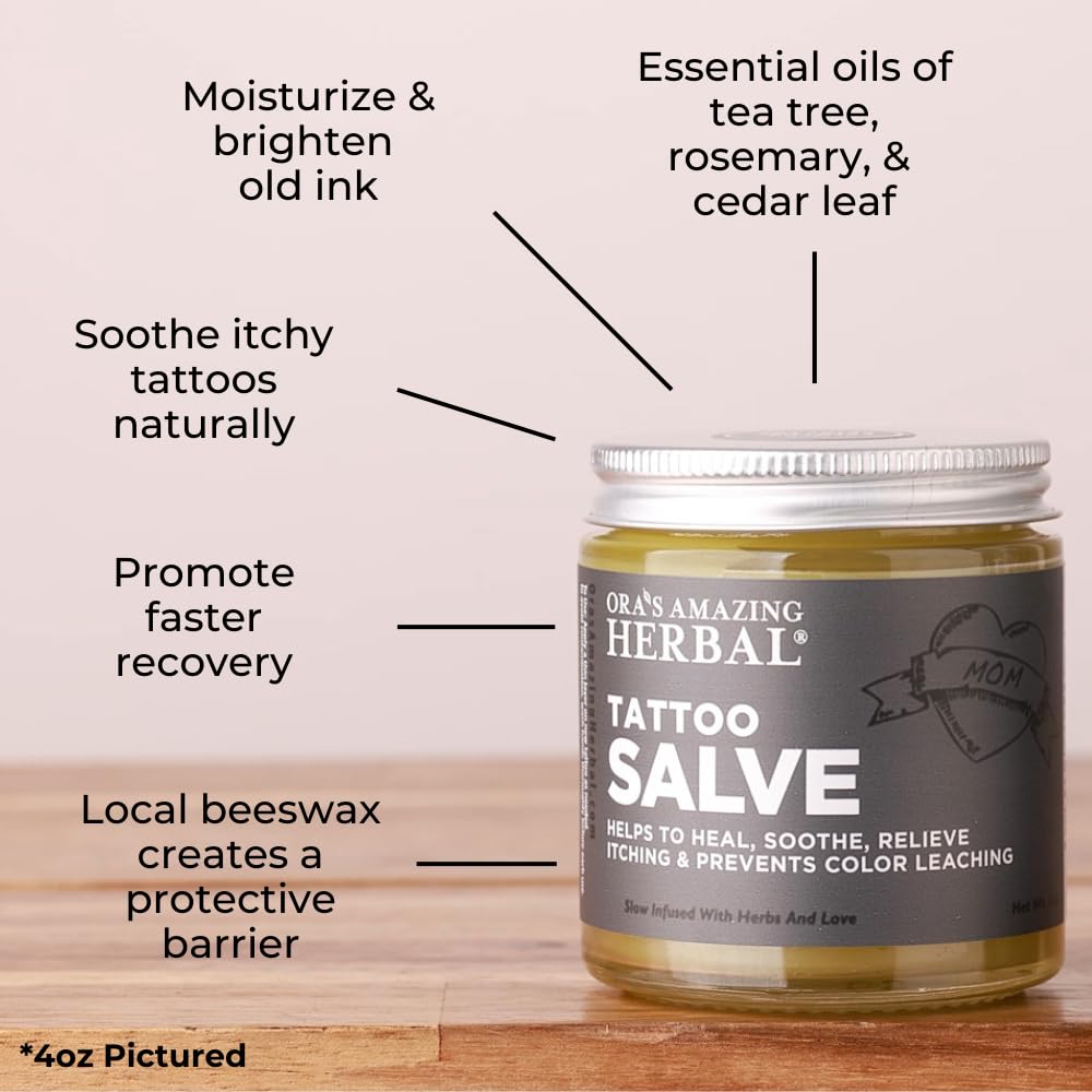 Ora's Amazing Herbal Tattoo Salve herbal-base-oil focus highlights plant-based infusion care.