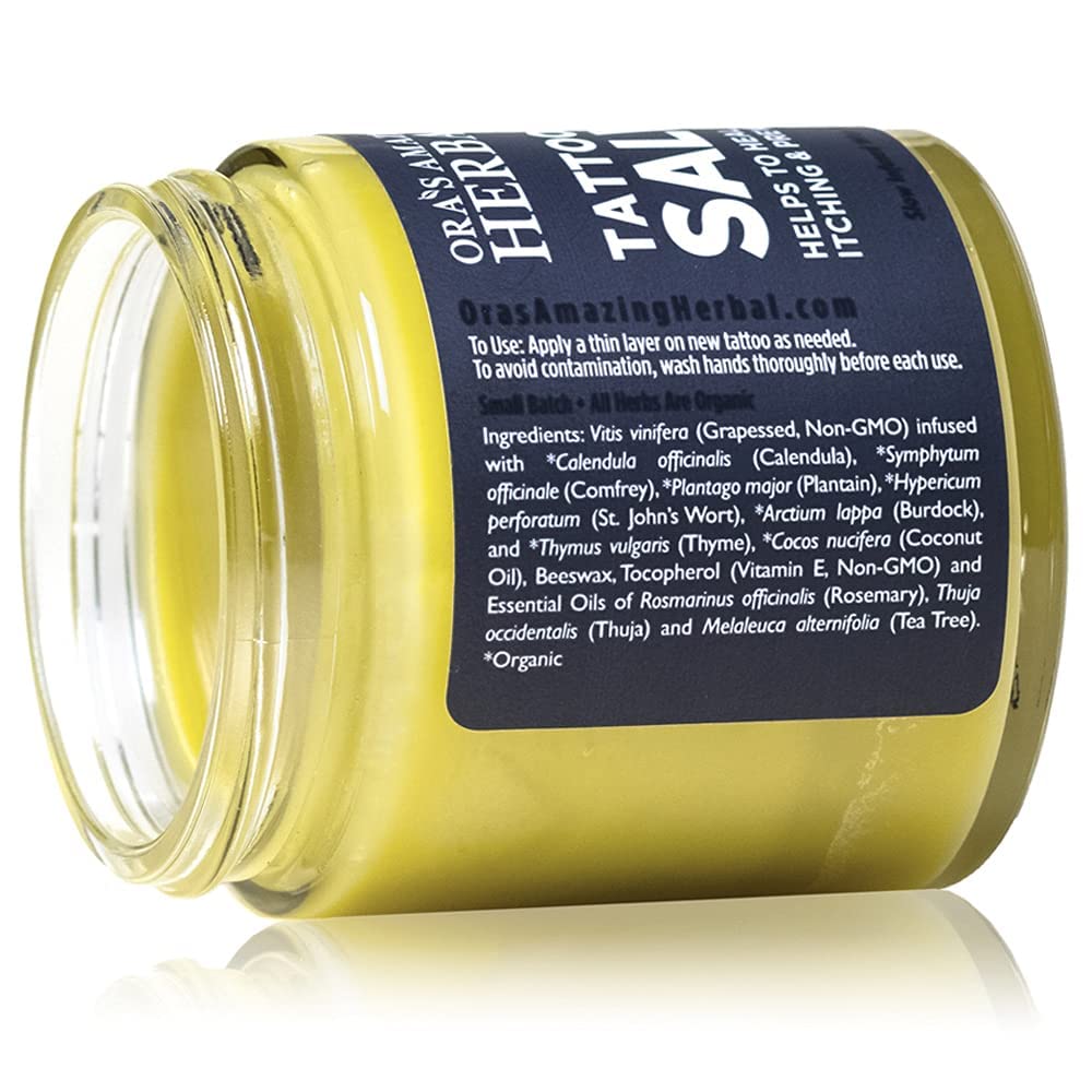 Ora's Amazing Herbal Tattoo Salve organic herbs detail signals herbal infusion benefits.