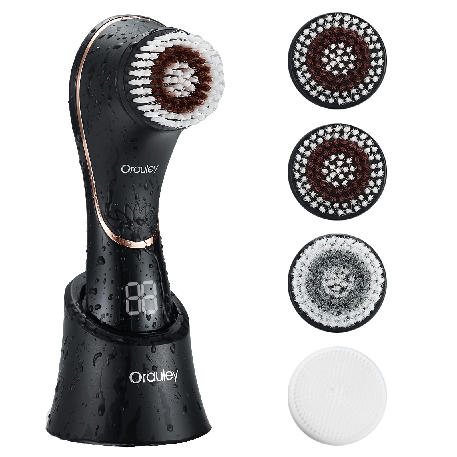 Orauley facial cleansing brush in black, front view, for gentle daily cleansing and pampering.