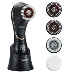 Orauley facial cleansing brush in black, front view, for gentle daily cleansing and pampering.