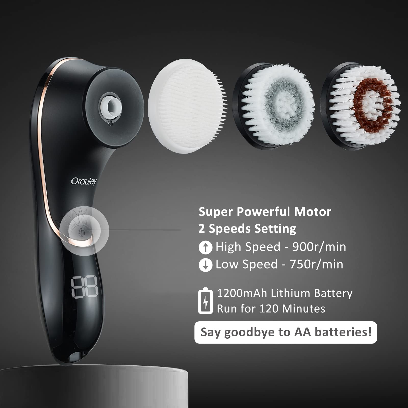 Orauley four brush heads setup showcasing versatility for all skin types.