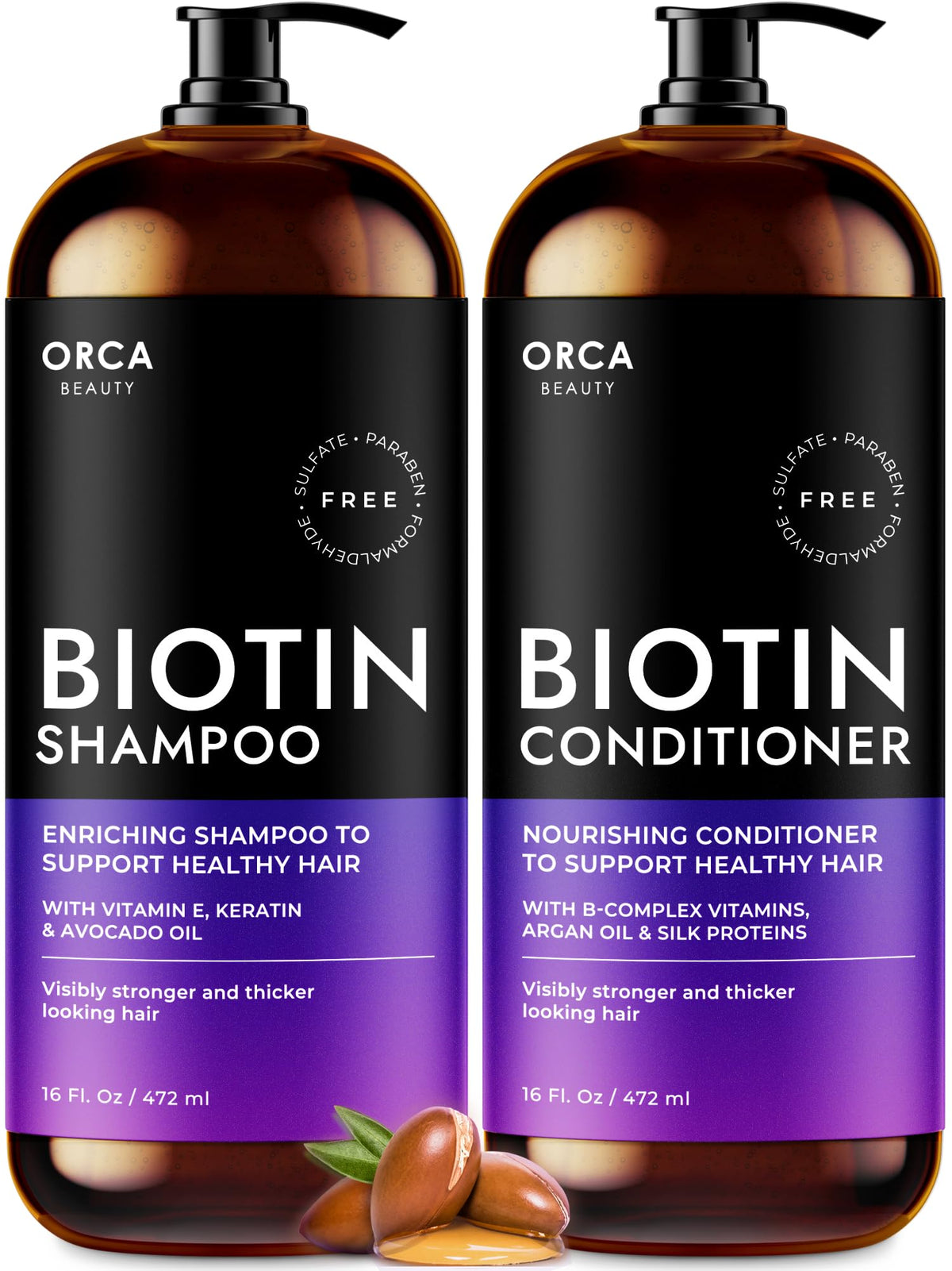 Orca Beauty biotin shampoo bottle shows hydrating, volumizing formula for fuller hair