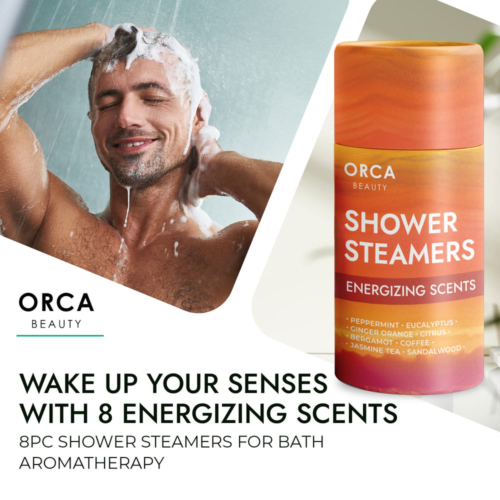 Orca Beauty ginger-orange steamers close up, energizing scent to invigorate your shower routine
