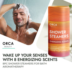 Orca Beauty ginger-orange steamers close up, energizing scent to invigorate your shower routine