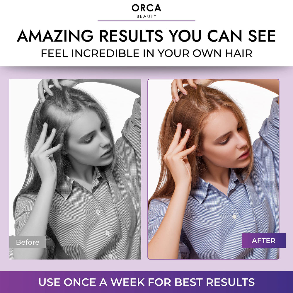 Orca Beauty shiny hair after use reveals healthier, lustrous strands