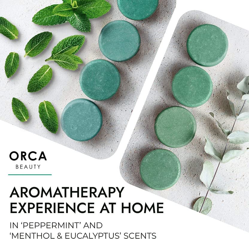Orca Beauty shower steamers on shower floor ready to activate