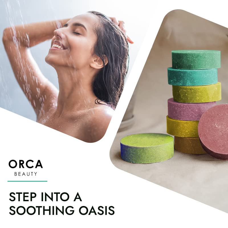 Orca Beauty tea tree shower steamer close-up emphasizes cleansing aroma for fresh starts.