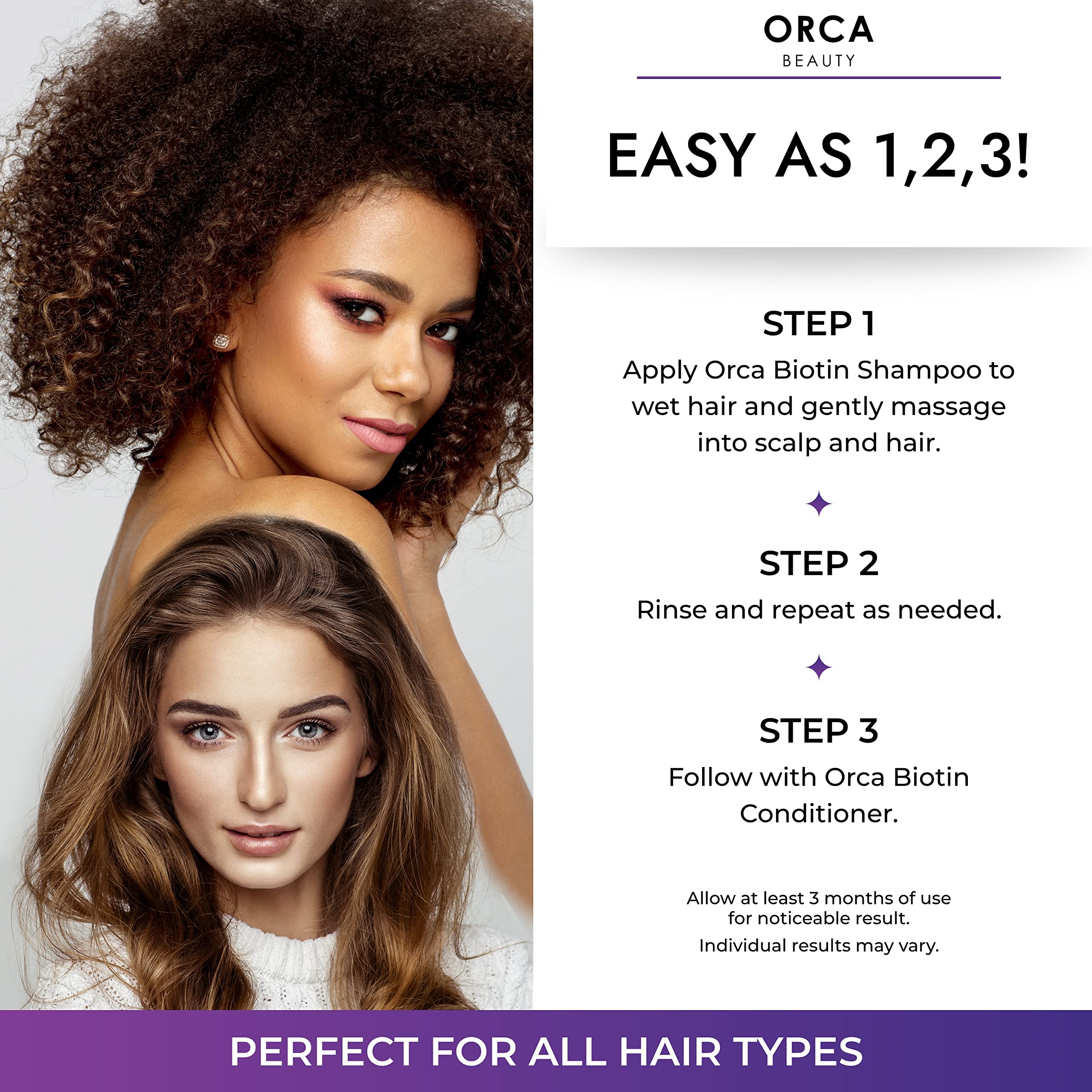 Orca Beauty thinning hair close-up showcases strands strengthened with biotin and keratin
