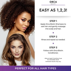 Orca Beauty thinning hair close-up showcases strands strengthened with biotin and keratin