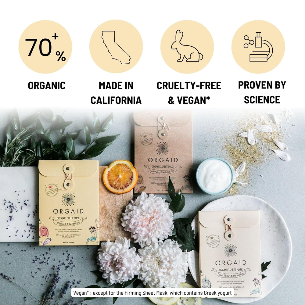 ORGAID Organic Sheet Mask detail with vitamin C hints at brightening use.
