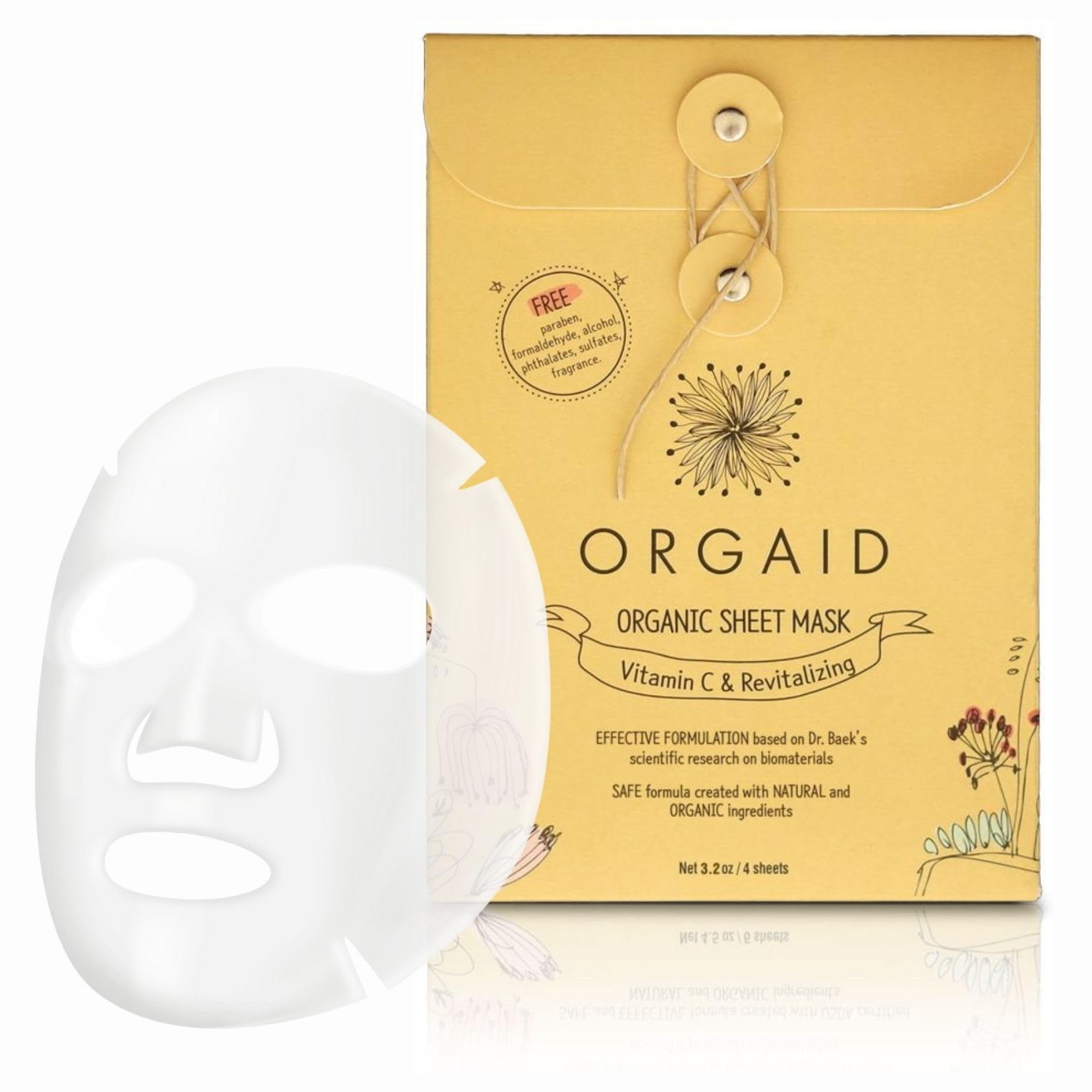 ORGAID Organic Sheet Mask packaging highlights clean ingredients for gentle, skin-friendly care.