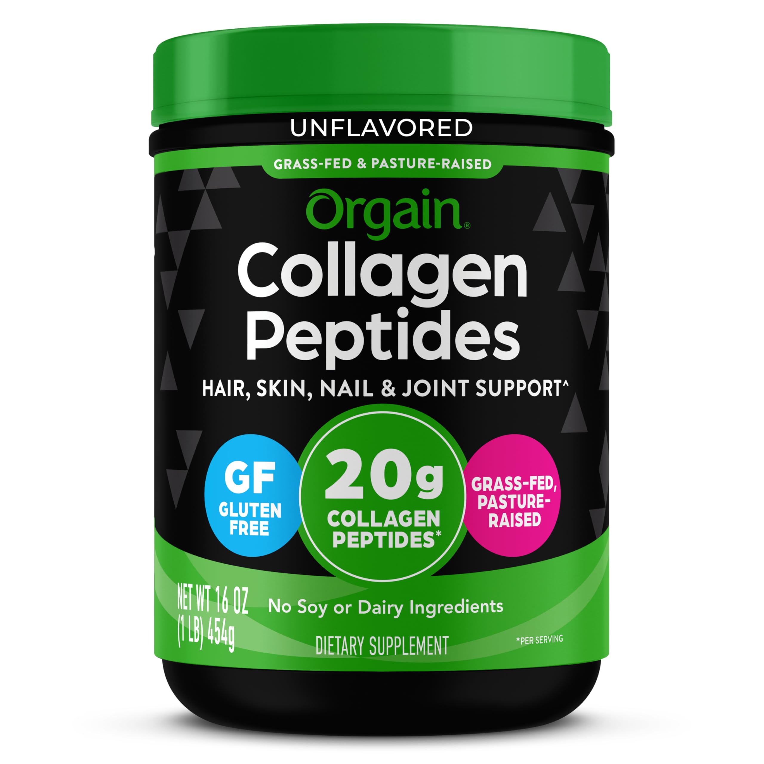 Orgain front package showing clean unflavored collagen benefits