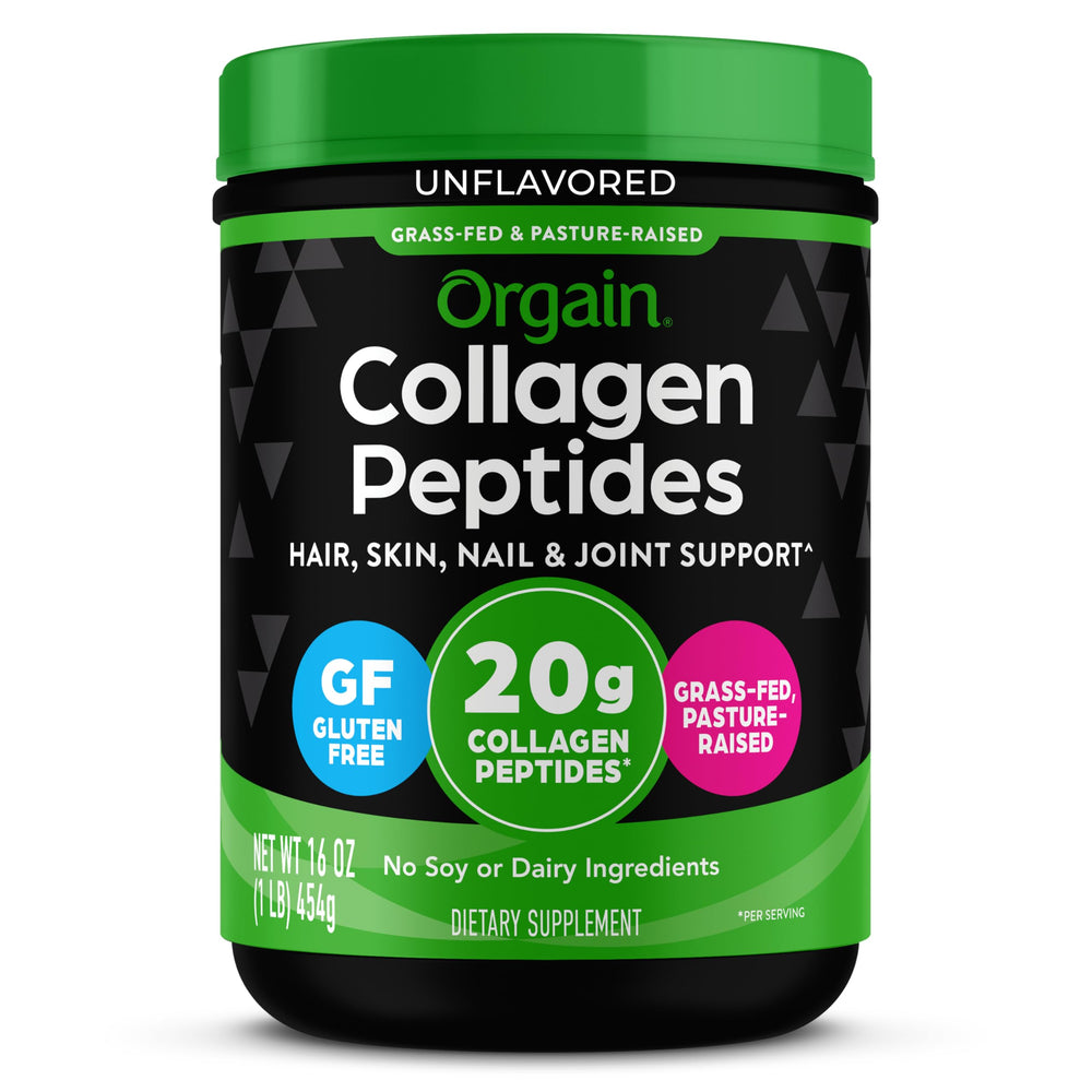 Orgain front package showing clean unflavored collagen benefits