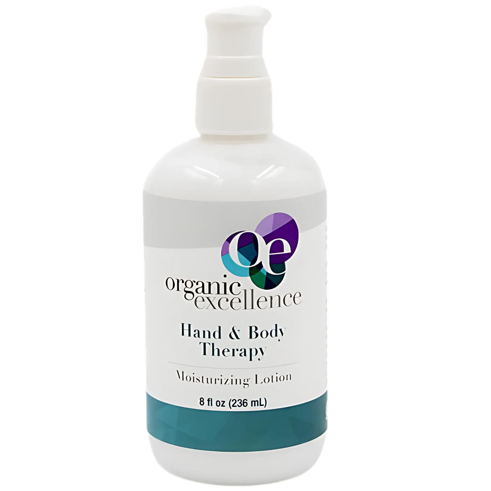 Organic Excellence Hand & Body Therapy jar close-up highlights rich, non-greasy hydration for daily use.