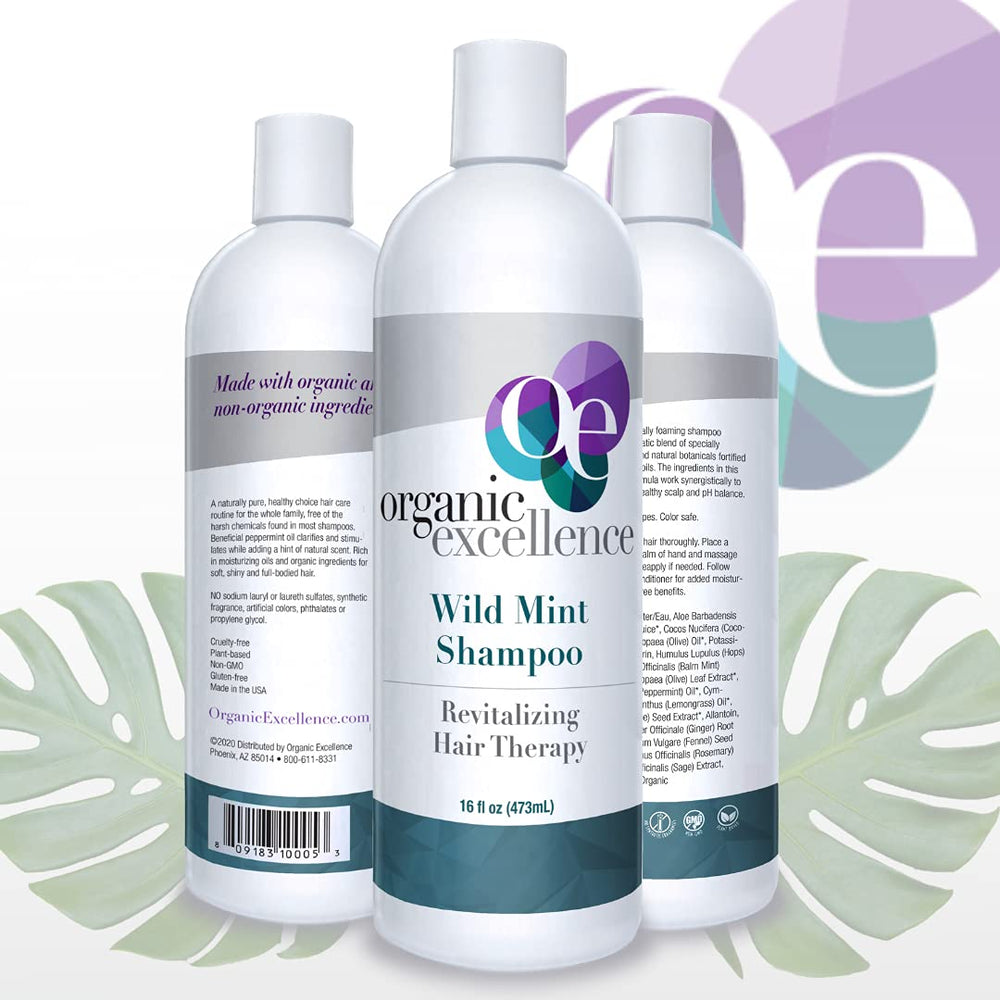 Organic Excellence ingredients-panel highlights organic balm mint, rosemary, and aloe for gentle care.