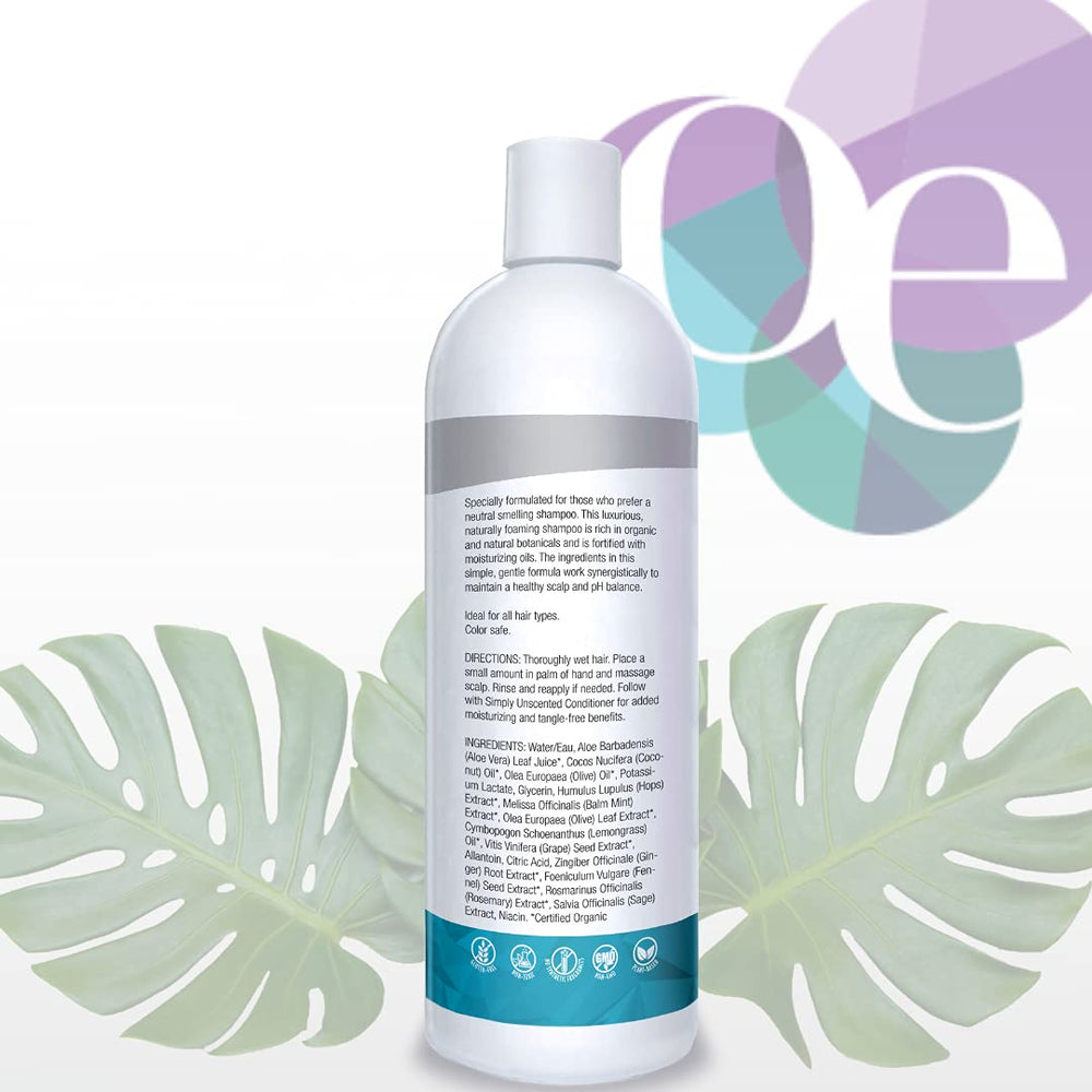 Organic Excellence Simply Unscented Shampoo label closeup, highlighting organic toxin-free ingredients.