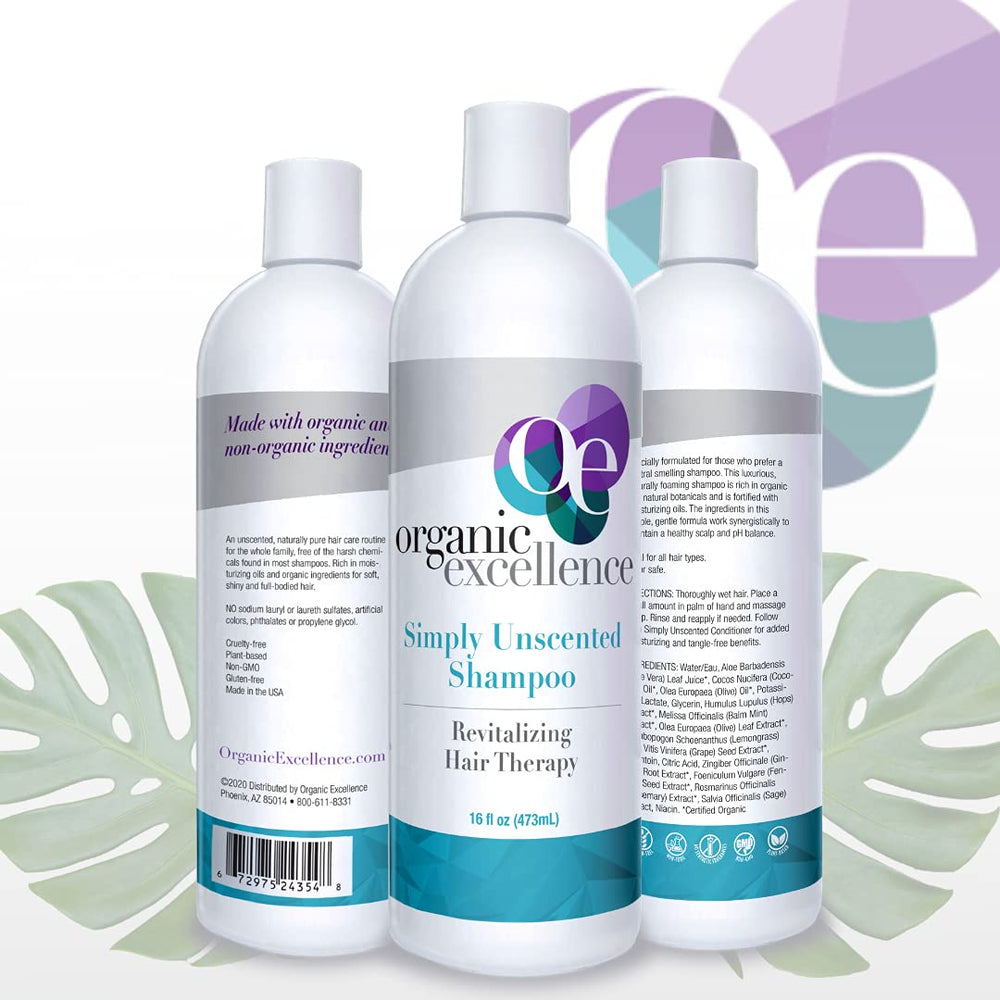 Organic Excellence Simply Unscented Shampoo rich natural lather from plant-based formula.