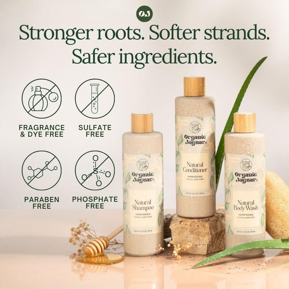 Organic Jaguar Honeysuckle Body Wash bottle front label with unscented formula.
