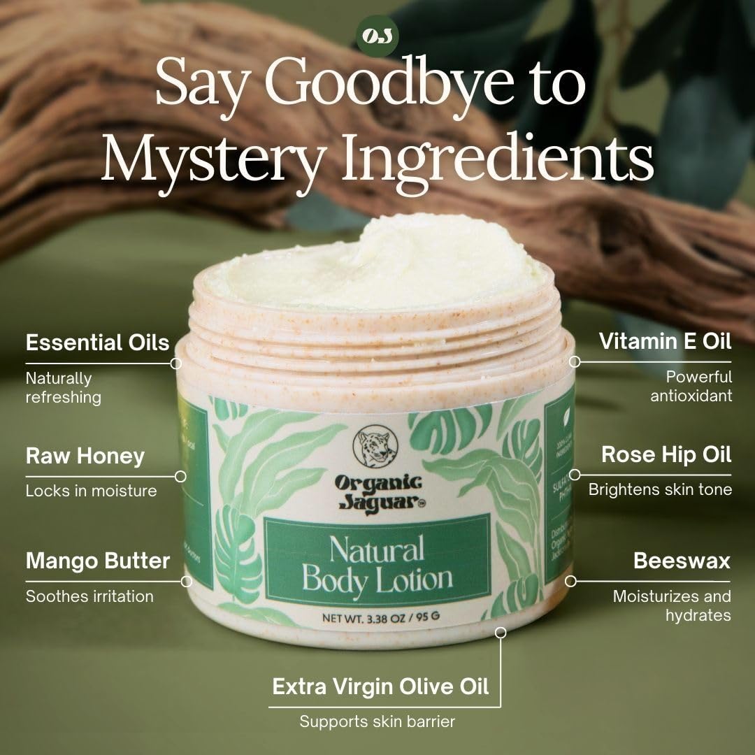 Organic Jaguar lotion hands-application shows easy daily hydration with tropical scent.