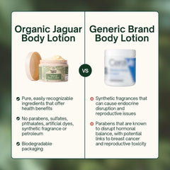 Organic Jaguar lotion ingredients featuring rose hip oil for nourishing skin.