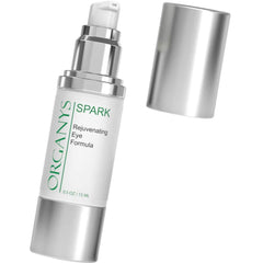 Organys Spark Rejuvenating Eye Formula bottle closeup highlighting gentle hydration.