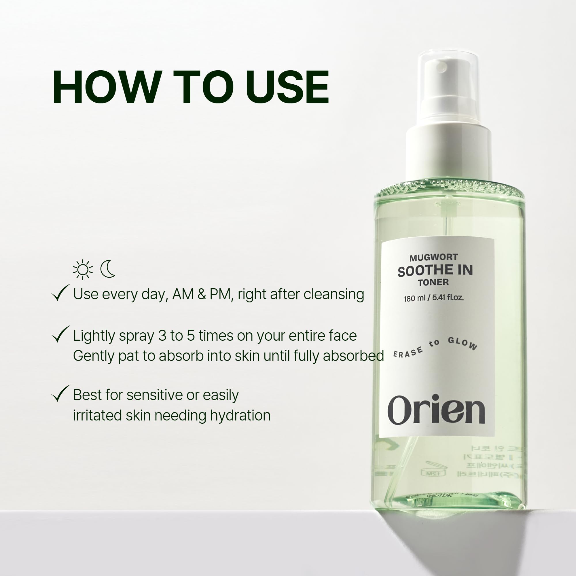 Orien Mugwort Soothe Toner packaging communicates travel-friendly sizing
